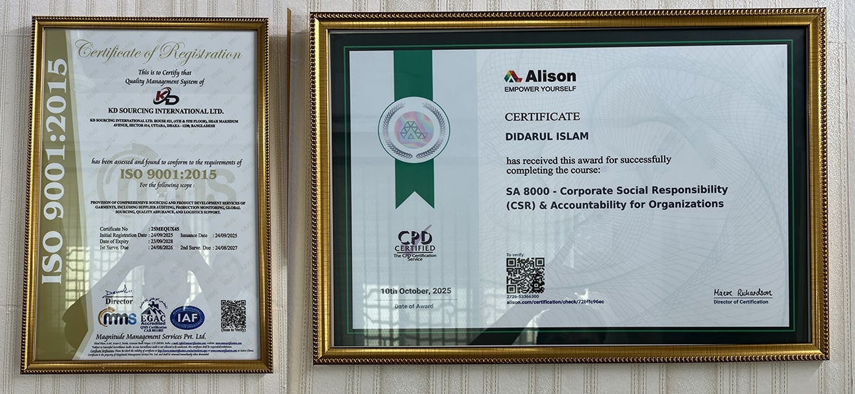 Kd sourching certified ISO 9001:2015 & SA 8000